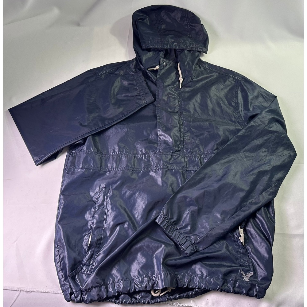 American Eagle Outfitters Mens Medium Navy Blue Anorak Windbreaker Jacket Hood